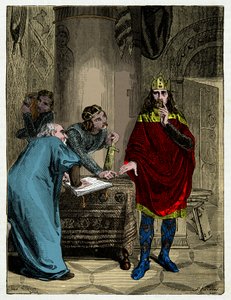 Carlomagno dictando sus capitulares a su ministro Alcuino (732-804), grabado del siglo XIX de Unknown artist