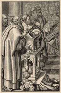 Carlomagno recibiendo el regalo de una clepsidra (reloj de agua) de Harun al-Rashid - En 797 el califa de Bagdad, Haroun ar-Rachid (765-809) ofrece a Carlomagno una clepsidra (reloj de agua, medición del tiempo) emblemática del conocimiento tecnológico de  de Unknown artist