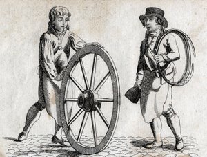Carpintero con rueda de carro y aprendiz. Grabado finales del siglo XVIII. de Unknown artist
