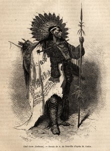 Jefe Yellow Moccassin, de la tribu india Crow, que vive a lo largo del río Lewis. Grabado para ilustrar una excursión entre las tribus indias de las cuencas de Colombia y el Alto Missouri, por G. Catlin, en 1855, publicado en 