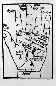 Quiromancia y predicción adivinatoria: representación de las diferentes líneas de la mano que permiten la interpretación de la personalidad. Grabado de 