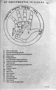 Quiromancia y predicción adivinatoria: representación de las diferentes líneas de la mano que permiten la interpretación de la personalidad. Frontispicio de 