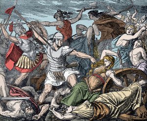 Mujeres cimbrias defienden su fortaleza de carros - Antigüedad romana, Guerra de los cimbrios: el sacrificio de las mujeres cimbrias contra los soldados romanos de Unknown artist