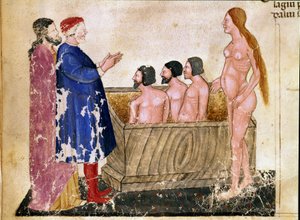 Círculo de aduladores: Dante y Virgilio se encuentran con Alessio Interminelli (o Intermineii), Señor de Lucca, y Thais la prostituta. Página iluminada que ilustra el canto 18 del Infierno de la “Divina Comedia” de Dante Alighieri (1265-1321). Siglo XIV, V de Unknown artist