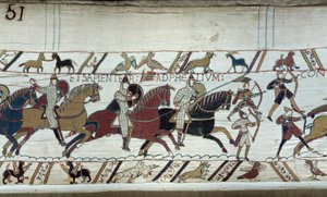 Conquista de Inglaterra por el Duque de Normandía Guillermo el Conquistador (1027-1087) en 1066: el comienzo de la Batalla de Hastings (detalle) de Unknown artist