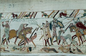 Conquista de Inglaterra por el Duque de Normandía Guillermo el Conquistador en 1066: La muerte del Rey Harold II por una flecha en el ojo en la batalla de Hastings (detalle del Tapiz de Bayeux) de Unknown artist