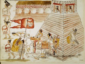Conquista de México: destrucción de Tenochtitlán, capital del imperio azteca, por los ejércitos del conquistador Hernán Cortés (1485-1547) el 24/06/1520. Miniatura de un manuscrito