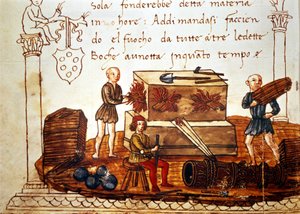 Construcción de una bomba (mortero) en el siglo XV. Del libro de matemáticas de Giuliano de 