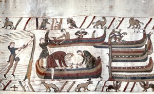 Construcción de barcos por orden de Guillermo - Tapiz de Bayeux, conocido como Bordado de la Reina Matilde