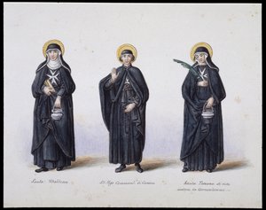Vestimentas: 1. Santa Ubaldesca, 2. San Ugo Comendador de Génova, 3. Santa Toscana de vida. s.d. siglo XIX