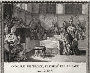 Consejo de Troye el 7 de septiembre de 878. En mayo de 878, el Papa Juan VIII amenazado por sarracenos y nobles italianos, vino a refugiarse en Arles bajo el duque Boson y su esposa Ermengarde. Lo acompaña en Troyes donde organiza un gran consejo de Unknown artist