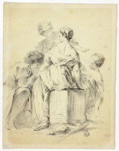 Escena de cortejo con joven y tres doncellas de Unknown artist