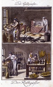 Oficio artesanal: fundidor de cobre y dinandier en sus talleres. En “Descripción integral de artes y oficios y talleres para jóvenes” por Johan Peter Vire. Ed. Nuremberg, Weigel y Schneider de Unknown artist