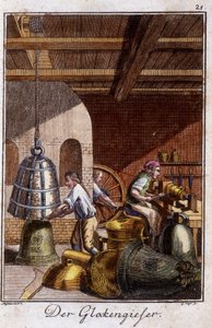 Artesanía: el fabricante de campanas en su taller. En “Descripción integral de artes y oficios y talleres para jóvenes” de Johan Peter Vue. Ed. Núremberg, Weigel y Schneider