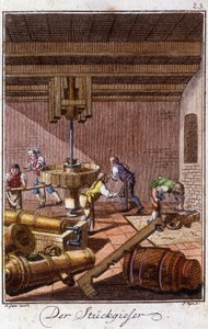 Oficio artesanal: los fundidores de cañones en su taller. En “Descripción integral de artes y oficios y talleres para jóvenes” por Johan Peter Vue. Ed. Nuremberg, Weigel y Schneider de Unknown artist