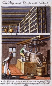 El fabricante de blanco de plomo (blanco de plata) en su taller y las etapas de su trabajo. En “Descripción comprensiva de artes y oficios y talleres para jóvenes” de Johan Peter Vue. Ed. Nuremberg, Weigel y Schneider de Unknown artist