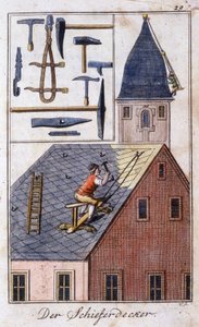 Oficio artesanal: el techador de pizarra y sus herramientas de trabajo. En “Descripción integral de artes y oficios y talleres para jóvenes” por Johan Peter Vue. Ed. Nuremberg, Weigel y Schneider de Unknown artist