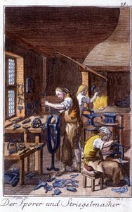 Artesanía: el fabricante de espuelas y el fabricante de cepillos de reducción en su taller. En “Descripción integral de artes y oficios y talleres para jóvenes” de Johan Peter Vire. Ed. Núremberg, Weigel y Schneider de Unknown artist