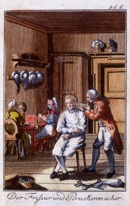 Oficios: peluquero y fabricante de pelucas en su taller. En “Descripción completa de artes y oficios y talleres para jóvenes” por Johan Peter Vue. Ed. Nuremberg, Weigel y Schneider de Unknown artist