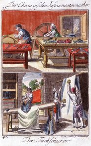 Artesanía: fabricante de instrumentos quirúrgicos (arriba) y recortador de fundas (abajo) en su taller. En “Descripción integral de artes y oficios y talleres para jóvenes” de Johan Peter Vue. Ed. Núremberg, Weigel y Schneider de Unknown artist