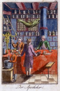 Oficios: el boticario (farmacéutico) en su taller. En “Descripción completa de artes y oficios y talleres para jóvenes” por Johan Peter Vire. Ed. Núremberg, Weigel y Schneider de Unknown artist