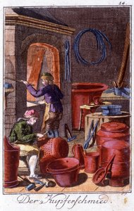 Artesanía: el calderero en su taller. En “Descripción integral de artes y oficios y talleres para jóvenes” de Johan Peter Vue. Ed. Núremberg, Weigel y Schneider