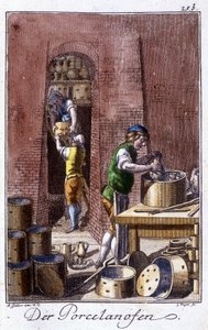 Oficios: el fabricante de porcelana en su taller. En “Descripción integral de artes y oficios y talleres para jóvenes” por Johan Peter Vue. Ed. Nuremberg, Weigel y Schneider de Unknown artist