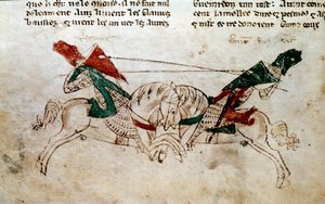 Ciclo del Rey Arturo: Batalla de Lancelot y Tristán. Miniatura tomada de El romance de Meliadus de Leonnoys: junto con varios otros nobles hechos de caballería realizados por el Rey Arturo, Palamedes y Galliot de Pre por Rustichello de Pisa