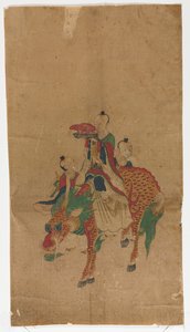 Inmortal taoísta en un Qilin y dos asistentes de Unknown artist