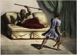 David tocando la cítara ante el rey Saúl para calmarlo. Grabado anónimo de mediados del siglo XIX de Unknown artist