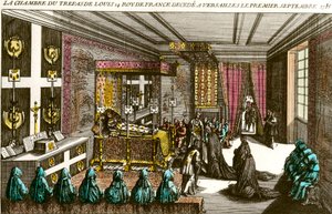 Muerte del Rey Luis XIV: la cámara mortuoria de Luis XIV (1638-1715), conocido como Rey Sol, fallecido en Versalles el 1/09/1715. Grabado del siglo XVIII Colección Privada de Unknown artist