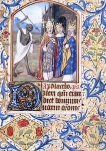 La muerte con su lanza apuntando a tres figuras, un Papa, un Rey, un Rey y una Reina, de pie frente a una iglesia gótica, c.1470