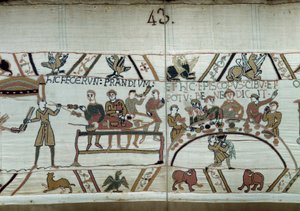 Desembarques en Inglaterra, las armas de Guillermo el Conquistador (1027-1087) hacen una fiesta mientras esperan para luchar contra las armas sajonas de Harold II. Guillermo está rodeado por Barones y el Obispo Odon. Detalle del Tapiz de Bayeux o Bordado d de Unknown artist