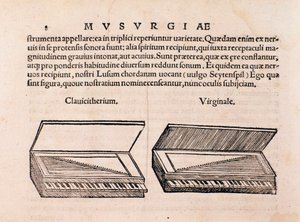 Descripción de clavicémbalo y espineta. Página de Musurgia seu praxis musicae