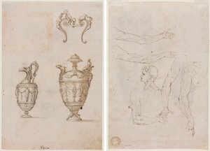 Diseño para dos jarrones y un adorno (recto); Bocetos de cinco brazos y una cabeza (verso)