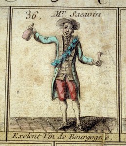 Detalle del juego de la Oca de los Gritos de París: Sr. Sacavin, bebedor de vino de Borgoña. Grabado del siglo XVIII