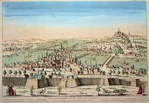 Vista detallada de la ciudad de Lyon en las orillas del Ródano y el Saona. Grabado del siglo XVII París B.N. de Unknown artist