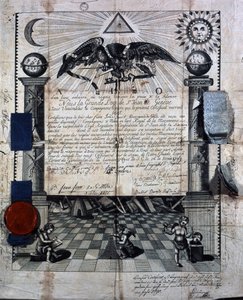 Diploma de Isaac Huit como Compañero y Maestro en el Arte Real de la Masonería, otorgado en 1789 por la Gran Logia de San Juan en Ginebra.