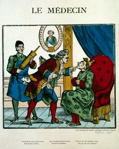 Escena de doctor que representa a un médico examinando a un paciente, su asistente detrás de él sostiene un clystere. Grabado del siglo XIX París, B.N.