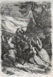 Doralice e Isabelle quieren separar a Mandricard y Zerbin - grabado de 1851 de “Roland Furioso” de Unknown artist