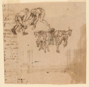 Dibujo: A) Dos hombres llevando un baúl; cuatro mulas con un conductor. B) Proyecto para un marco de Unknown artist