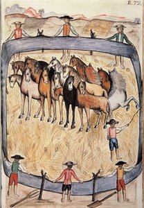 Doma de caballos salvajes, del libro "Trujillo del Perú" o "Códice Martínez Compañón", por Baltazar Martínez Compañón y Bujanda, obispo de Trujillo (1782-1785)