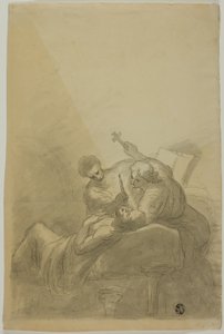 Hombre Moribundo Atendido por Dos Figuras Sosteniendo Vela, Libro y Cruz de Unknown artist