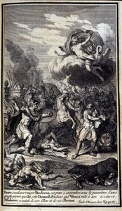 Eneas, queriendo vengar a Pándaro, está a punto de sucumbir bajo el peso de una gran piedra que Diomedes lanza. Mientras Venus vuela a su rescate, Esteleno agarra su carro y caballos. Ilustración del libro V de la Ilíada de Homero, edición francesa de Unknown artist