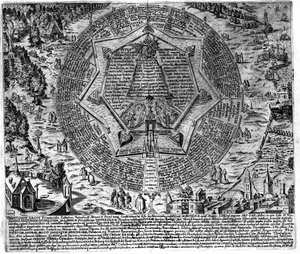 Grabado del “Amphitheatrum sapientiae aeternae” (Anfiteatro de la sabiduría eterna) [Hamburgo: s.n.] de Unknown artist