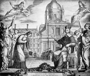 Grabado a la gloria del Cardenal Richelieu por el restablecimiento de la Sorbona en París, encargado a Lemercier, completado en 1642. de Unknown artist