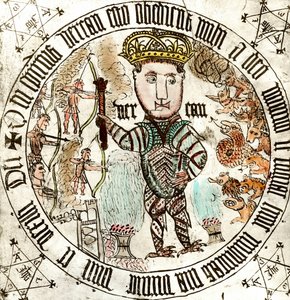 Esoterismo: una corona a los pies de un demonio. Escenas de lucha entre hombres y criaturas monstruosas. La escena está rodeada de signos cabalísticos (o Kabbalah) (?). Grabado del siglo XVII. Colección privada.
