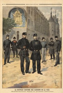 Evolución de los uniformes de los guardianes de la paz (o sargentos de la ciudad) de 1860 a 1894, frente a la torre del reloj de la Conciergerie, París. Grabado en "Le petit journal" 09/1894. Colección Selva de Unknown artist