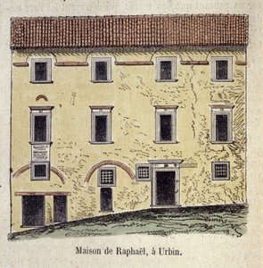 Fachada de la casa donde vivió el pintor Raffaello Santi (Raphael) (1483 - 1520) en Urbino, Italia