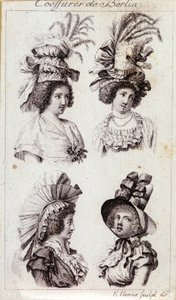 Moda del siglo XVIII: los sombreros de las mujeres de Berlín. Grabado de 1793.